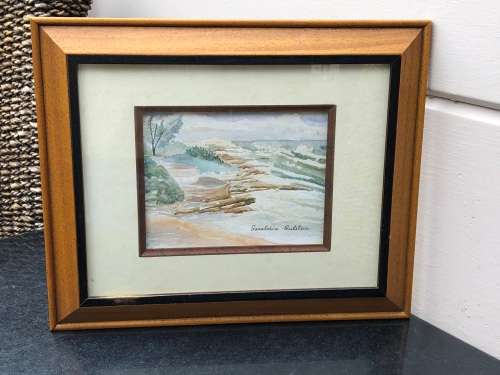 GERALDINE GULSTON (SA 20th CENTURY) FRAMED WATERCOLOUR SEASCAPE PAINTING TITLED `OVONGO`