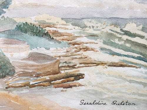 GERALDINE GULSTON (SA 20th CENTURY) FRAMED WATERCOLOUR SEASCAPE PAINTING TITLED `OVONGO`