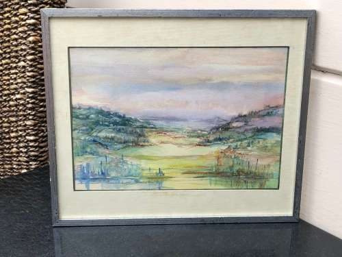 GERALDINE GULSTON (SA 20th CENTURY) FRAMED WATERCOLOUR PAINTING OF PIETERMARITBURG FARMLAND