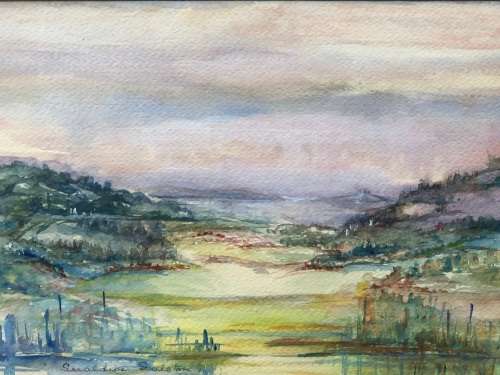 GERALDINE GULSTON (SA 20th CENTURY) FRAMED WATERCOLOUR PAINTING OF PIETERMARITBURG FARMLAND