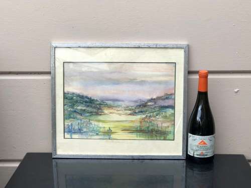 GERALDINE GULSTON (SA 20th CENTURY) FRAMED WATERCOLOUR PAINTING OF PIETERMARITBURG FARMLAND