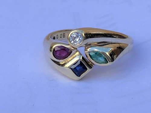 SCINTILLATING 9ct YELLOW GOLD DESIGNER DRESS RING WITH MULTIPLE PRECIOUS STONES. CHECK DESCRIPTION