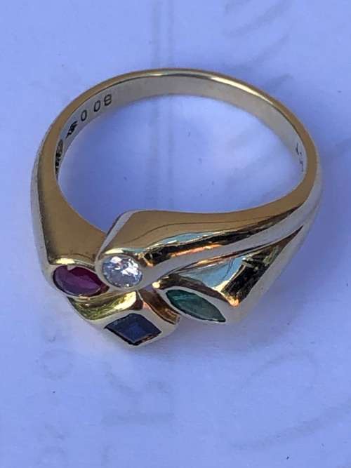 SCINTILLATING 9ct YELLOW GOLD DESIGNER DRESS RING WITH MULTIPLE PRECIOUS STONES. CHECK DESCRIPTION