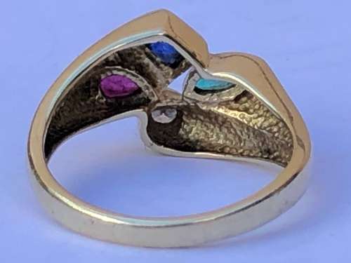 SCINTILLATING 9ct YELLOW GOLD DESIGNER DRESS RING WITH MULTIPLE PRECIOUS STONES. CHECK DESCRIPTION