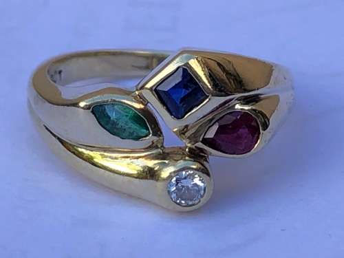 SCINTILLATING 9ct YELLOW GOLD DESIGNER DRESS RING WITH MULTIPLE PRECIOUS STONES. CHECK DESCRIPTION