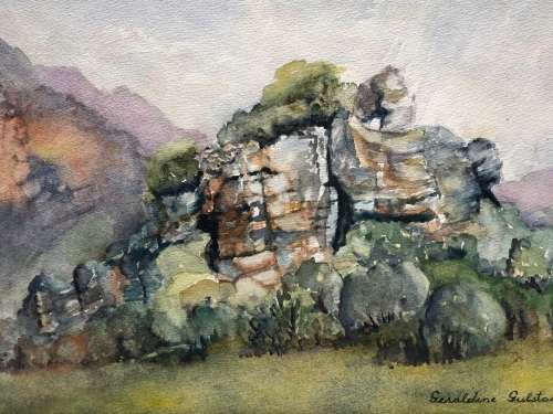 GERALDINE GULSTON (SA 20th CENTURY) UNFRAMED WATERCOLOUR PAINTING `ROCK FACES` BAVIAANSKLOOF 1978