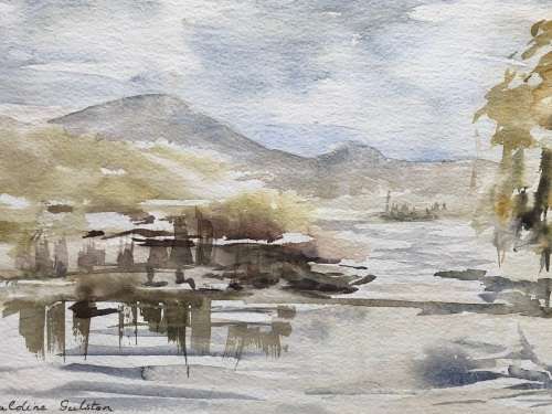 GERALDINE GULSTON (SA 20th CENTURY) UNFRAMED WATERCOLOUR PAINTING `AT THE RIVERSIDE` HIMERVILLE 1982