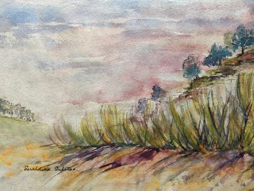 GERALDINE GULSTON (SA 20th CENTURY) UNFRAMED WATERCOLOUR LANDSCAPE PAINTING
