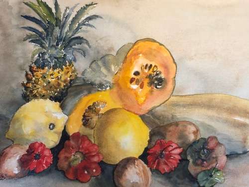 GERALDINE GULSTON (SA 20th CENTURY) LARGE UNFRAMED WATERCOLOUR PAINTING `PINEAPPLE` 1979