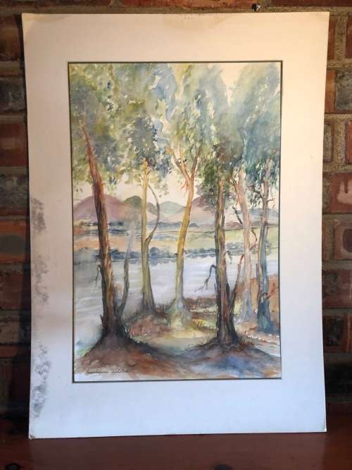 GERALDINE GULSTON (SA 20th CENTURY) LARGE UNFRAMED WATERCOLOUR PAINTING `AT THE FARM IN KOKSTAD`