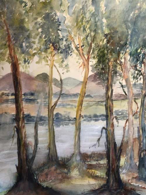 GERALDINE GULSTON (SA 20th CENTURY) LARGE UNFRAMED WATERCOLOUR PAINTING `AT THE FARM IN KOKSTAD`
