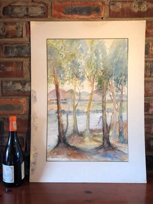 GERALDINE GULSTON (SA 20th CENTURY) LARGE UNFRAMED WATERCOLOUR PAINTING `AT THE FARM IN KOKSTAD`