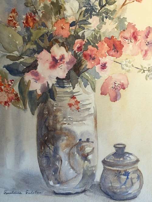 GERALDINE GULSTON (SA 20th CENTURY) LARGE UNFRAMED WATERCOLOUR PAINTING `VASE OF FLOWERS` DATED 1980