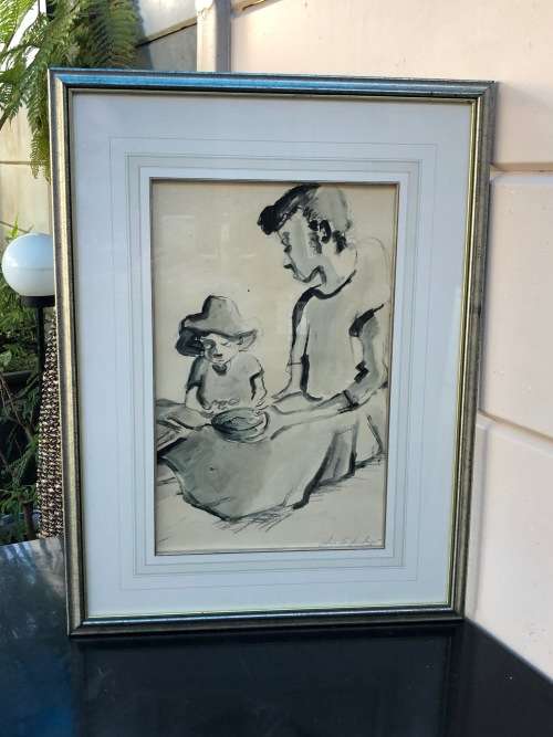 IRIS AMPENBERGER (1916 - 1981) NICELY FRAMED ORIGINAL MIXED MEDIA - MOTHER AND CHILD