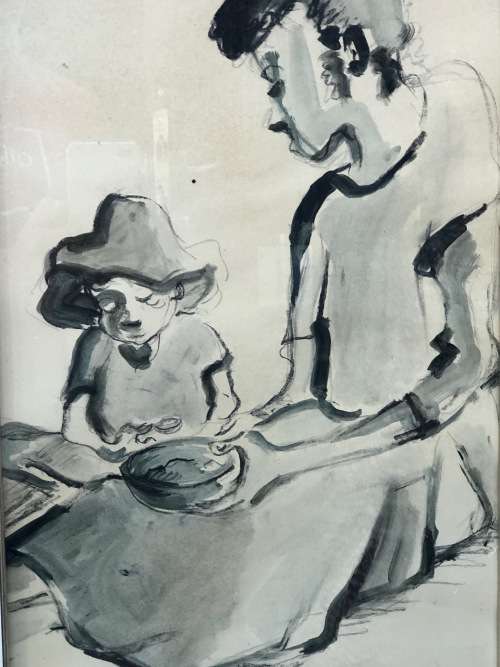 IRIS AMPENBERGER (1916 - 1981) NICELY FRAMED ORIGINAL MIXED MEDIA - MOTHER AND CHILD