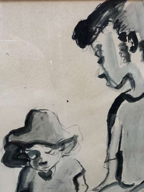 IRIS AMPENBERGER (1916 - 1981) NICELY FRAMED ORIGINAL MIXED MEDIA - MOTHER AND CHILD