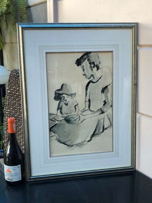 IRIS AMPENBERGER (1916 - 1981) NICELY FRAMED ORIGINAL MIXED MEDIA - MOTHER AND CHILD