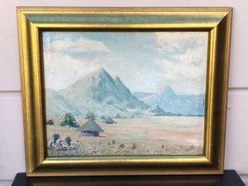 G.W. POHL (SA 20th CENTURY) GORGEOUS FRAMED OIL ON CANVAS PAINTING OF LESOTHO HUTS DATED 1946