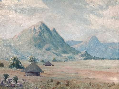G.W. POHL (SA 20th CENTURY) GORGEOUS FRAMED OIL ON CANVAS PAINTING OF LESOTHO HUTS DATED 1946