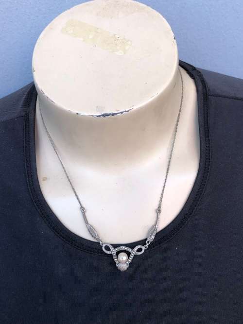 WOW !!! STUNNING VINTAGE STERLING SILVER PEARL AND MARCASITE NECKLACE PENDANT- 6.08g