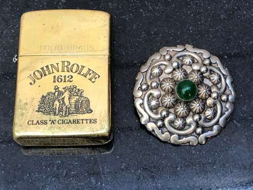 VINTAGE ALP ITALIAN SILVER BROOCH WITH GREEN HUBBELL GLASS BEAD - 9.43g