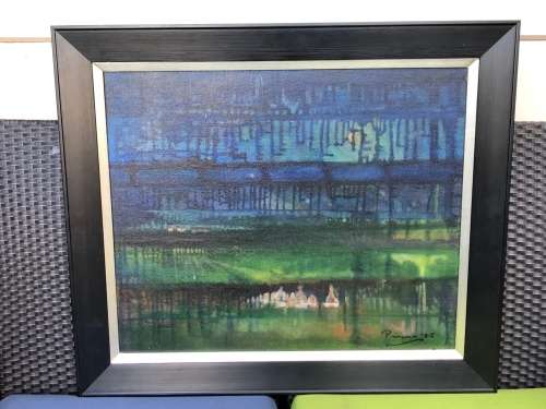 PINCUS CATZEL (SA 1923 - 2012) RARE FRAMED OIL ON CANVAS BOARD ABSTRACT PAINTING DATED 1978