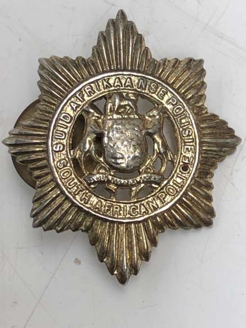 SOUTH AFRICAN POLICE SERVICE CHROMED COLLAR BADGE c1980`s - ONE LUG MISSING