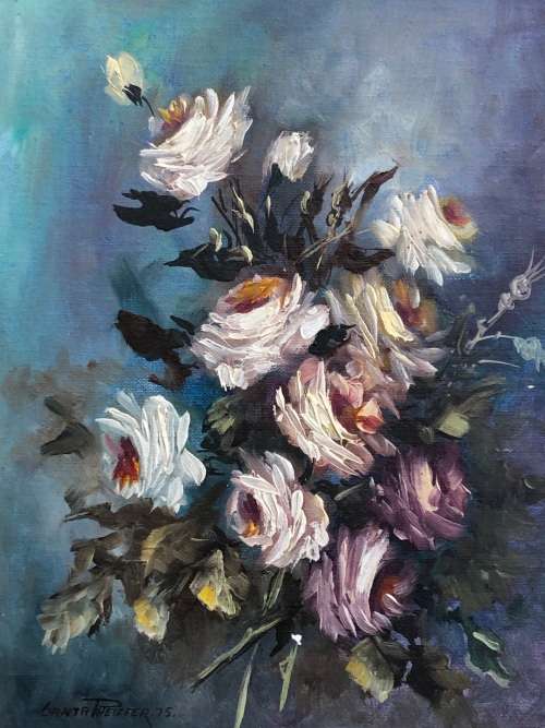 SANTA PHEIFFER (SA 20th CENTURY) FRAMED OIL ON CANVAS STILL LIFE OF FLOWERS DATED 1975
