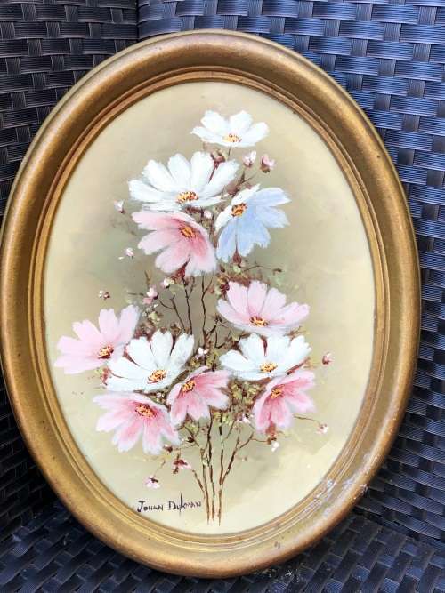 JOHAN DYKMAN (SA 20th CENTURY) STUNNING OVAL FRAMED OIL ON BOARD COSMOS PAINTING