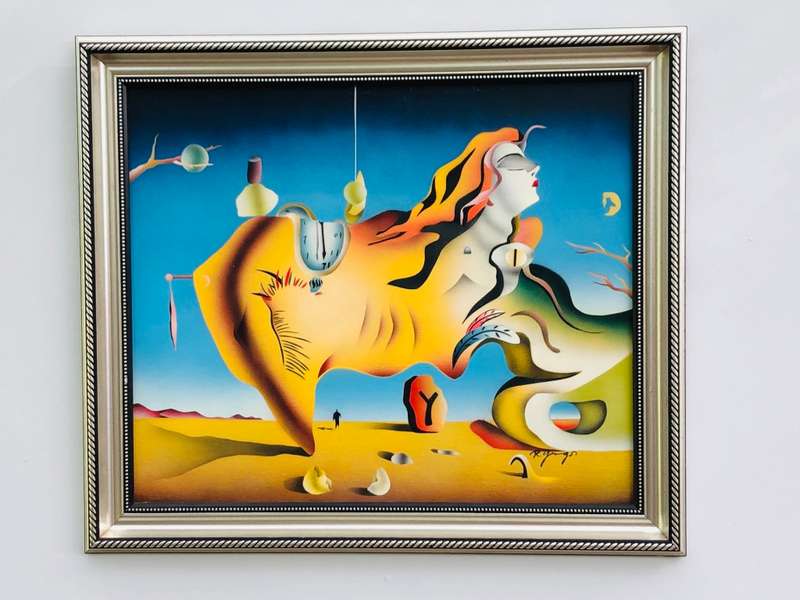 Salvador Dali inspired painting on canvas signed R. Youngs in silver gilt frame