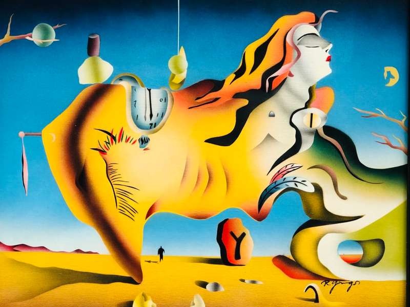 Salvador Dali inspired painting on canvas signed R. Youngs in silver gilt frame