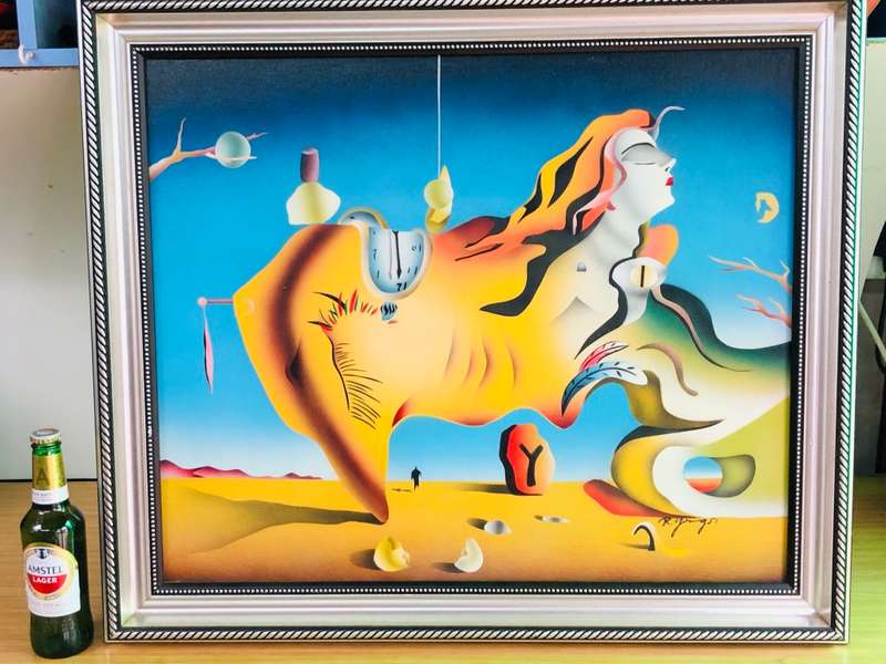Salvador Dali inspired painting on canvas signed R. Youngs in silver gilt frame