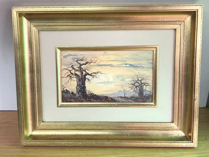 Monté (Montagu) Heyns (1923 - 2001) - Stunning gilt frame oil on board landscape painting