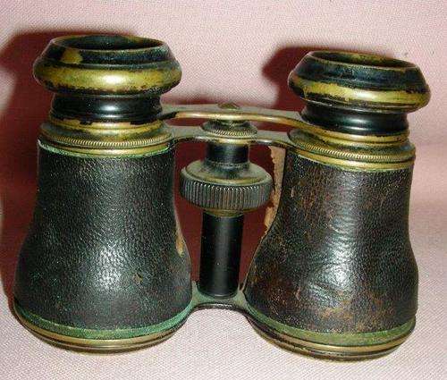 Antique and rare leather bound brass / bronze opera glasses - made by Colmont Paris