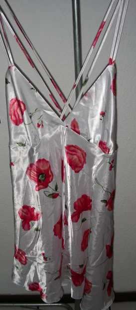 Satiny white nighty with cerise flowers - REDUCED FURTHER