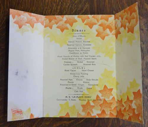 OSK Line 1938 Dinner menu for MS `LA PLATA MARU`