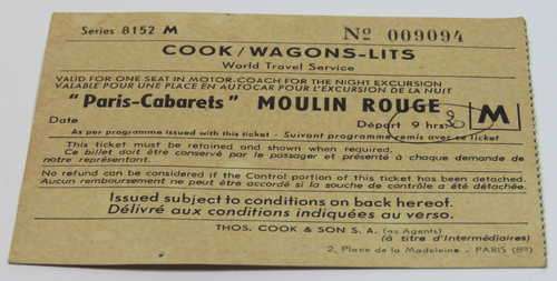 Vintage Cook/Wagons - Lits Railways ticket stub for `Paris-Cabarets` Moulin Rouge show transport