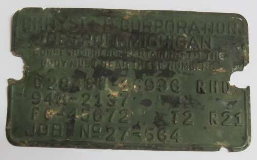 Vintage Chrysler Corporation vehicle body plate with decoding