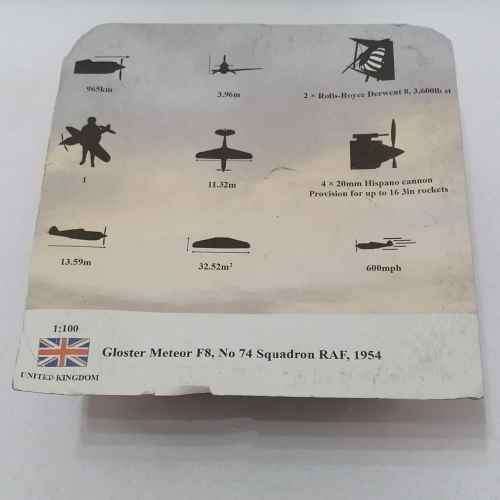 Amercom UK 1954 Gloster Meteor F8 die-cast model plane - scale 1/100 with magazine