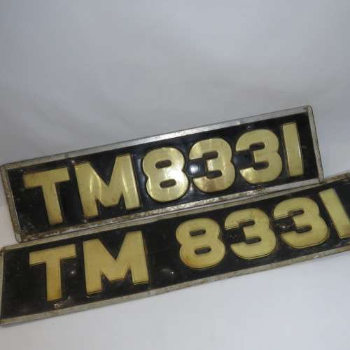 Pair of vintage plastic and metal numberplates - TM 8331 - 53 x 12 and 12 x 46 cm