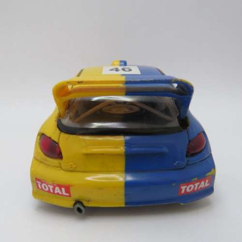 SCX Peugeot 206 WRC slot car - Wing repaired, mirrors missing - 4 wheel drive
