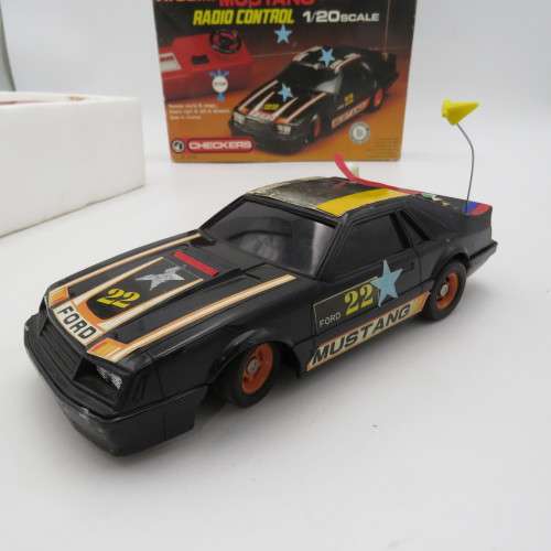 Vintage Checkers Ford Mustang Cobra Turbo radio control car-scale 1/20 in original box - Not tested