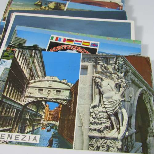 Lot of 100 vintage post cards with stamps - from all over the world