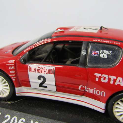 Peugeot 206 WRC die-cast rally model car - scale 1/43 - mirrors and rear spoiler missing