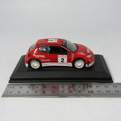 Peugeot 206 WRC die-cast rally model car - scale 1/43 - mirrors and rear spoiler missing