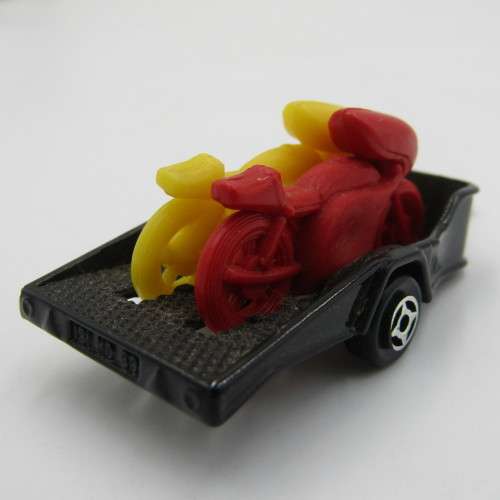 Majorette #238 Peugeot 604 die-cast toy car with motorcycles on trailer - scale 1/60