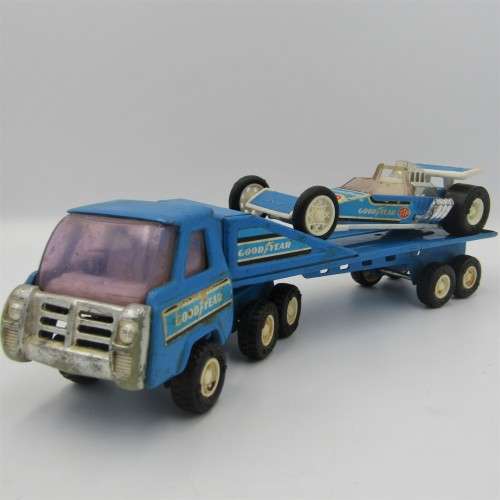 Vintage Buddy L pressed steel truck with dragster