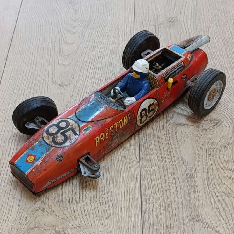 Vintage Tin Alate Lotus Ford battery operated racing car - 1 wheel missing - working