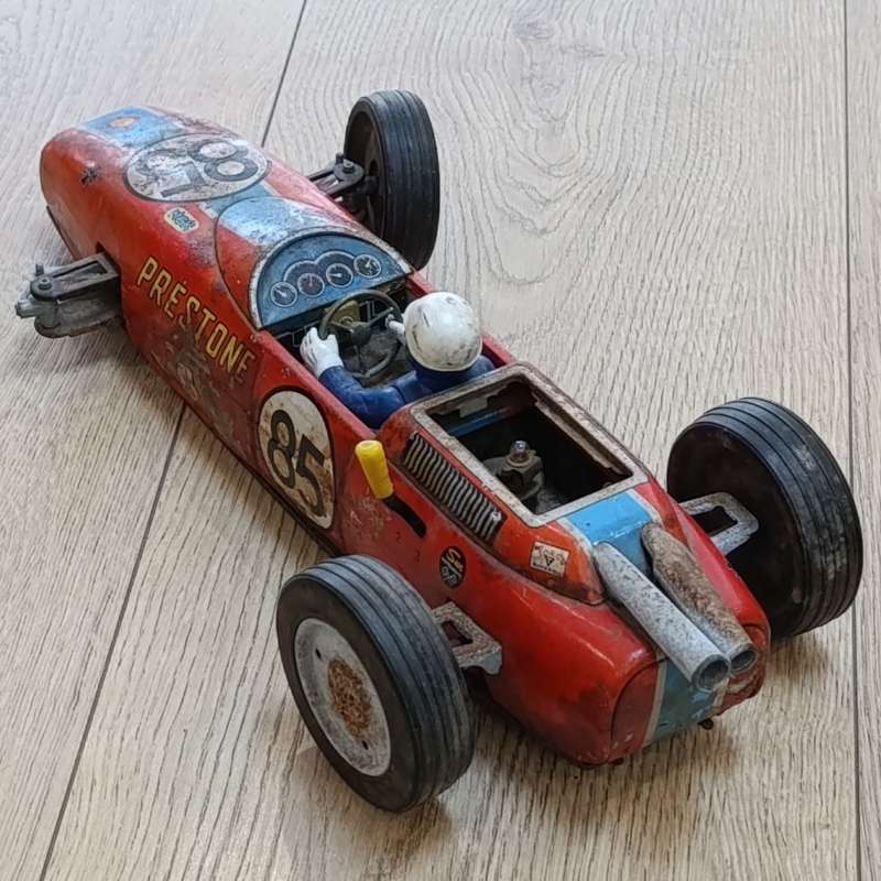 Vintage Tin Alate Lotus Ford battery operated racing car - 1 wheel missing - working