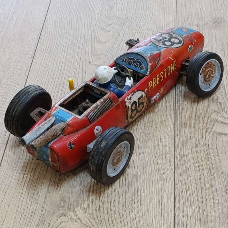 Vintage Tin Alate Lotus Ford battery operated racing car - 1 wheel missing - working